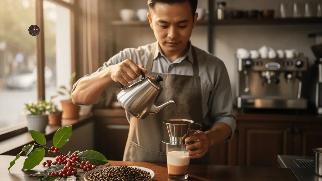 Cà phê sữa đá Sài Gòn thơm ngon và hấp dẫn trong ly.