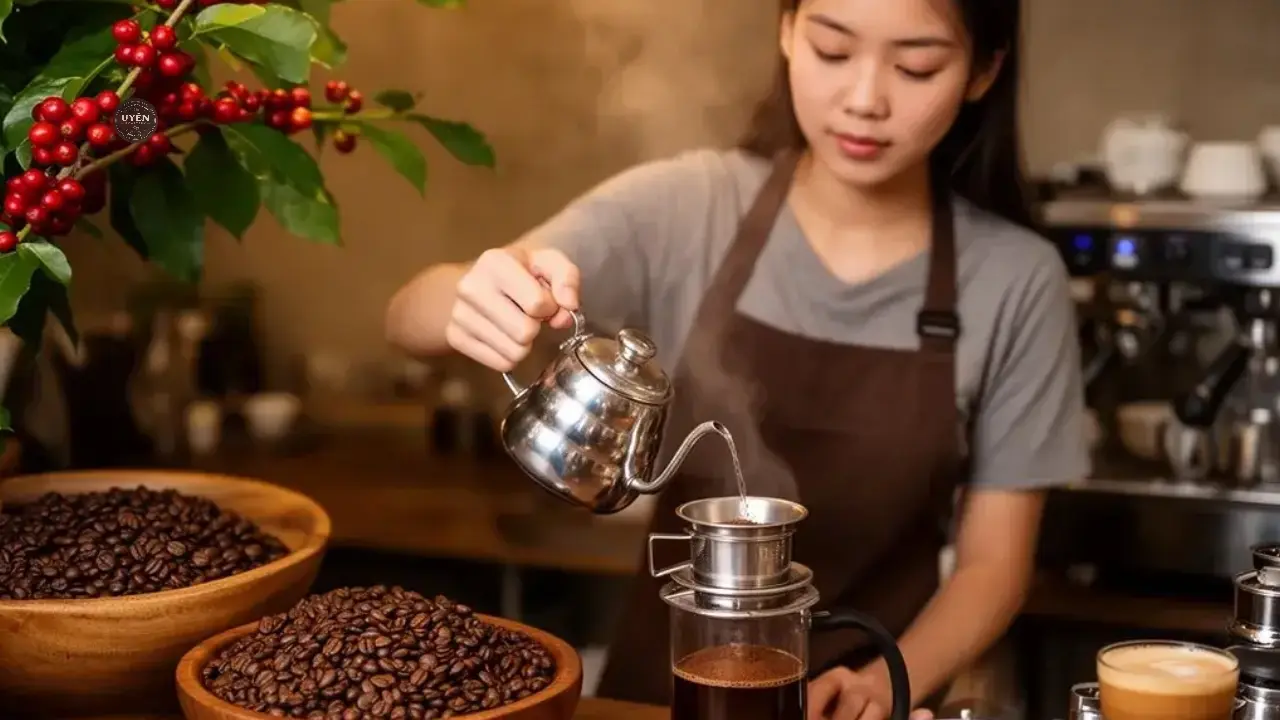 Cà phê rang nguyên chất với hạt cà phê tươi ngon và dậy mùi thơm.