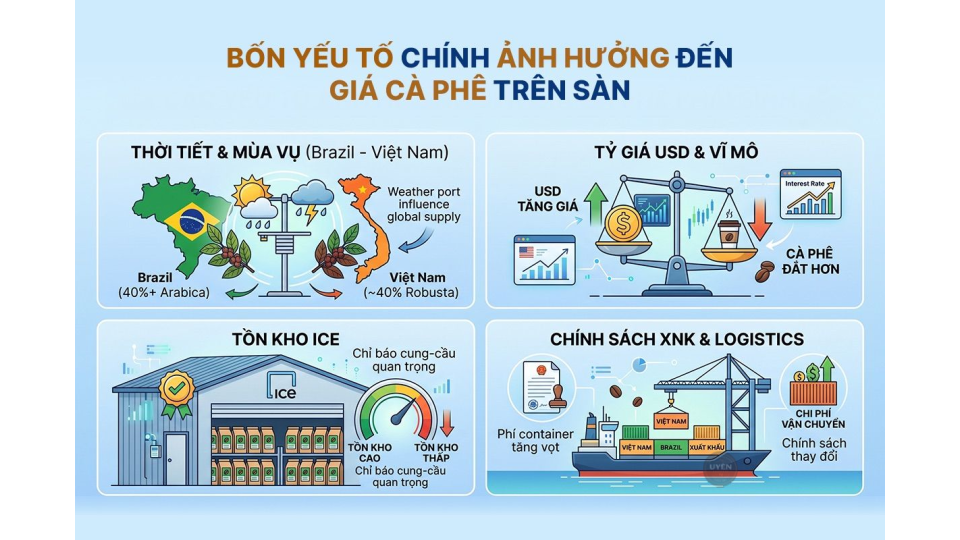 Sàn giao dịch cà phê là gì? Tìm hiểu về thị trường cà phê Các yếu tố chính ảnh hưởng đến giá trên sàn giao dịch cà phê là gì.
