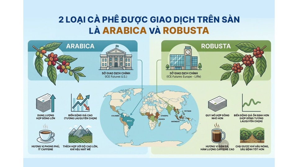 Sàn giao dịch cà phê là gì? Tìm hiểu về thị trường cà phê Tìm hiểu về 2 loại cà phê trên sàn giao dịch cà phê là gì: Arabica và Robusta.