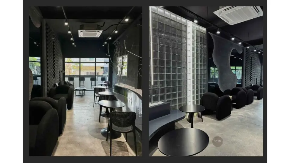 YoshiYoshi Coffee & Tea, một quán cafe view đẹp Sài gòn với tông màu đen trắng tối giản.