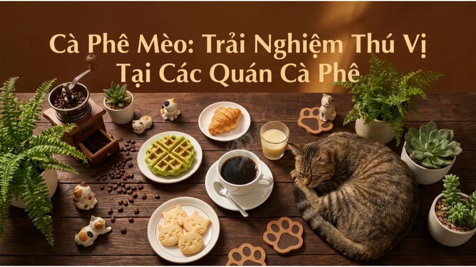 Quán cà phê mèo với nhiều mèo dễ thương và khách thưởng thức cà phê.