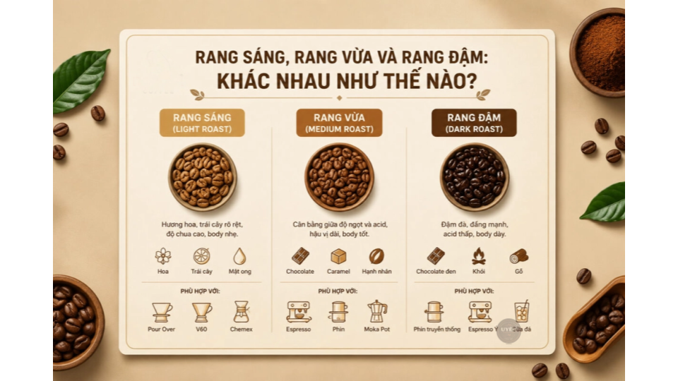 Rang cà phê vừa là gì? Khám phá các mức độ rang So sánh các mức độ rang cà phê vừa là gì, rang sáng và rang đậm để thấy sự khác biệt.