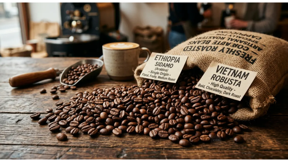 Cận cảnh hạt cà phê Arabica và Robusta dùng để pha cappuccino